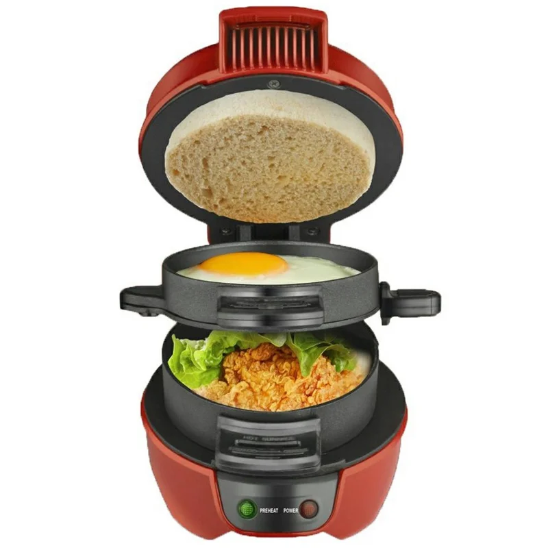 Máquina Multifuncional para Desayuno - Sándwich, Hamburguesa, Huevo y Filete (Sin BPA, Sin FDA), Enchufe UE 220V - Rojo