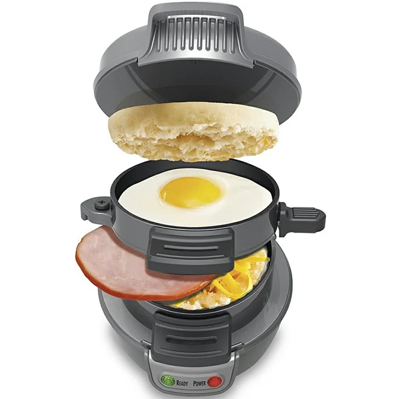 Máquina Multifuncional para Café da Manhã - Sanduíche, Hambúrguer, Ovo e Bife (Livre de BPA, Sem FDA), 220V Plug Europeu - Cinza