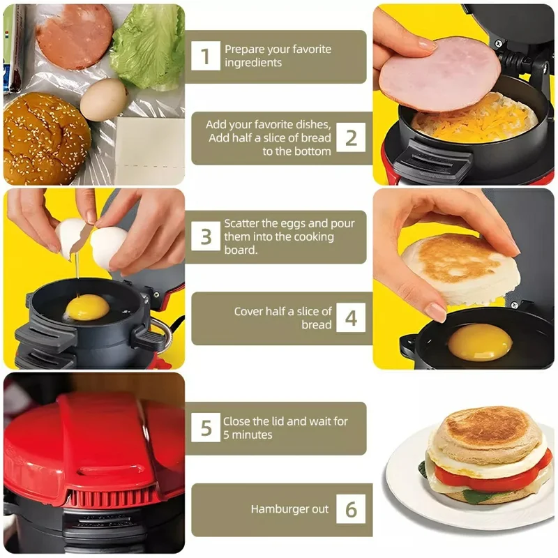 Máquina Multifuncional para Café da Manhã - Sanduíche, Hambúrguer, Ovo e Bife (Livre de BPA, Sem FDA), 220V Plug Europeu - Cinza