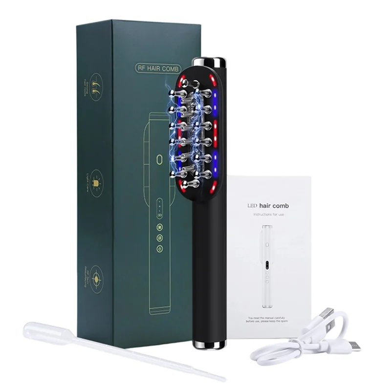 Pente K339 de Crescimento Capilar com RF, Terapia com Luz LED, Cuidado do Couro Cabeludo, Instrumento de Massagem Elétrica com Microcorrente EMS - Preto