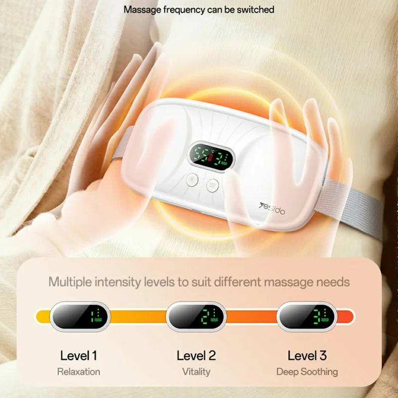 حزام التدفئة والتدليك الكهربائي YESIDO MG28 لتدفئة الرحم / الخصر بشاشة رقمية و3 أنماط اهتزاز و4 إعدادات حرارة - أبيض