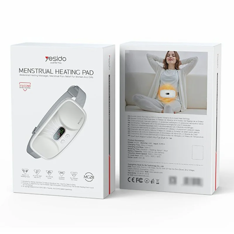 حزام التدفئة والتدليك الكهربائي YESIDO MG28 لتدفئة الرحم / الخصر بشاشة رقمية و3 أنماط اهتزاز و4 إعدادات حرارة - أبيض