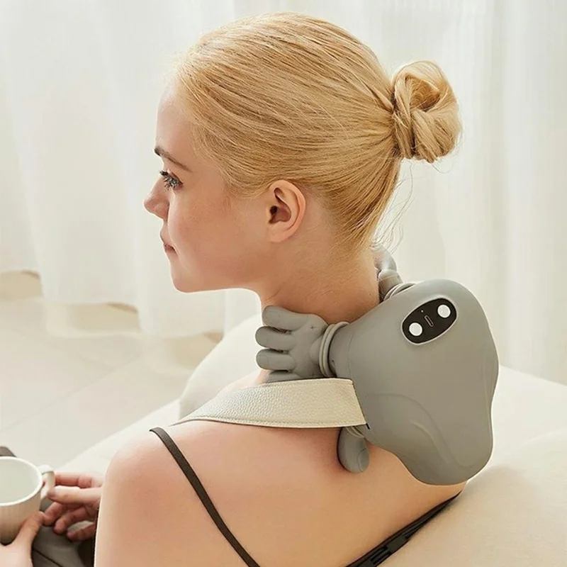 Shoulder Neck Massager Red Light Heat Therapy Bionic Hand Kneading Wireless Cervical Massager - Grey