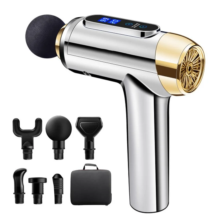 QY-005 Stile Elettrotecnico Touch Screen Recaricable Deep Deep Tissue Muscle Relaxation Massager Elettronico 20-ingranaggi Fornitura Di Vibrazione Alleviare La Pistola Per Massaggio Fascia Con 6 Massaggio Testa - Spina Argento / Americana
