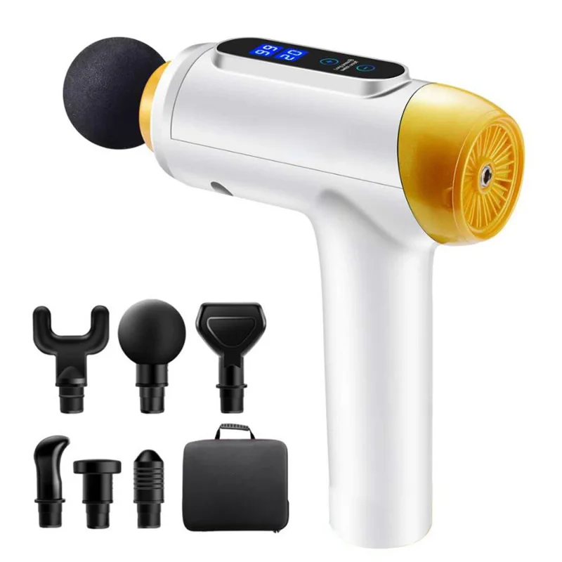 QY-005 20 Gears Massage Tool Massage Gun Muscle Relaxing Massager with 6 Massage Heads - White//EU Plug
