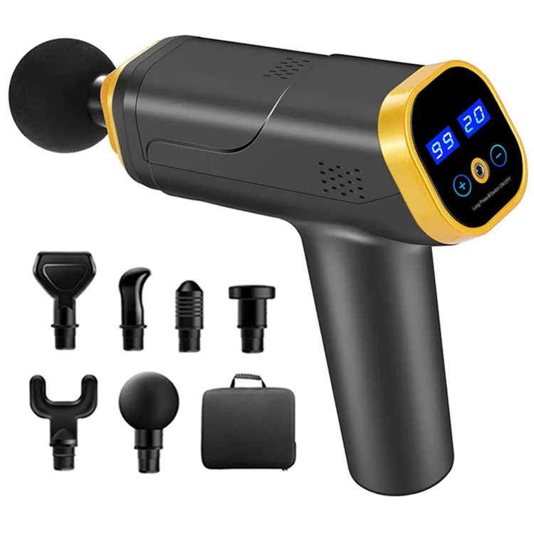 QY-006 Touch Screen Wiederaufladbare 20-Gang-Vibrationsmassagegerät zur Muskelentspannung, Schmerzlinderung im Körper und Faszienlockerung mit 6 Massageköpfen - Gold/EU-Stecker