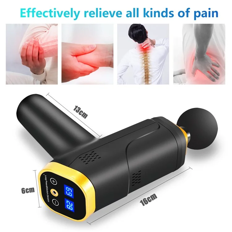 QY-006 Touch Screen Wiederaufladbare 20-Gang-Vibrationsmassagegerät zur Muskelentspannung, Schmerzlinderung im Körper und Faszienlockerung mit 6 Massageköpfen - Gold/EU-Stecker