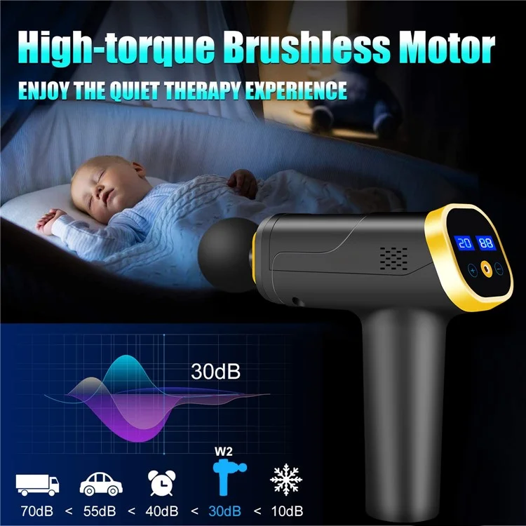 QY-006 Touch Screen Wiederaufladbare 20-Gang-Vibrationsmassagegerät zur Muskelentspannung, Schmerzlinderung im Körper und Faszienlockerung mit 6 Massageköpfen - Gold/EU-Stecker