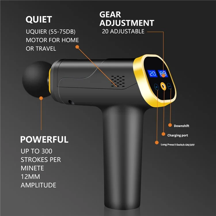 QY-006 Touch Screen Wiederaufladbare 20-Gang-Vibrationsmassagegerät zur Muskelentspannung, Schmerzlinderung im Körper und Faszienlockerung mit 6 Massageköpfen - Gold/EU-Stecker
