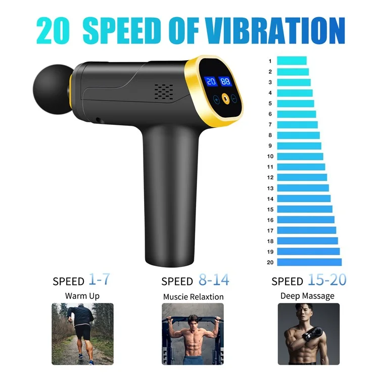 QY-006 Touch Screen Wiederaufladbare 20-Gang-Vibrationsmassagegerät zur Muskelentspannung, Schmerzlinderung im Körper und Faszienlockerung mit 6 Massageköpfen - Gold/EU-Stecker