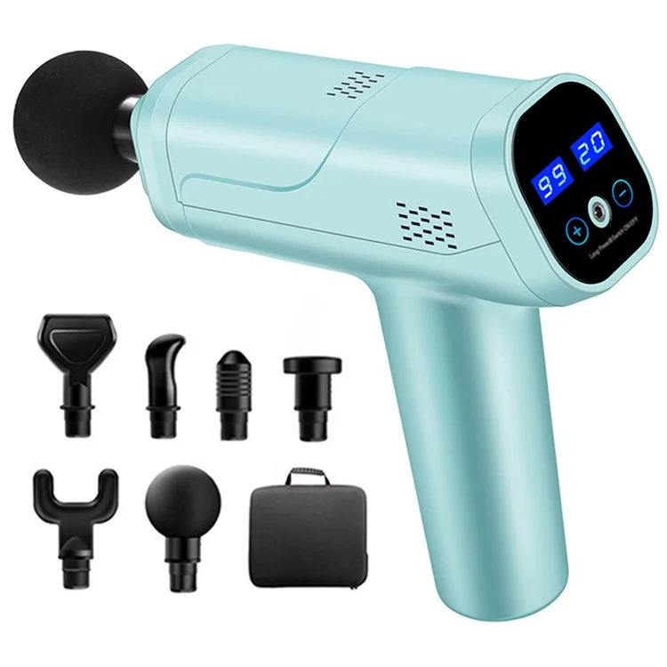 QY-006 Pantalla táctil Recargable 20-Engranaje Vibración Relajación muscular Masajeador Alivio del dolor corporal Fascia Masajeador de armas con 6 cabezas de masaje - Azul/Enchufe de EE. UU.