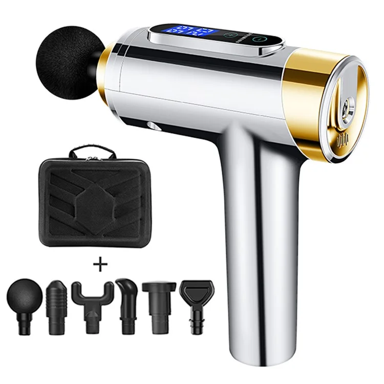 QY-007 Electroplated Style Rechargeable 20-Gear Whole Body Deep Tissue Muscle Relaxation Massager Pain Relieve Fascia Massage Gun with 6 Massage Head - Silver/US Plug