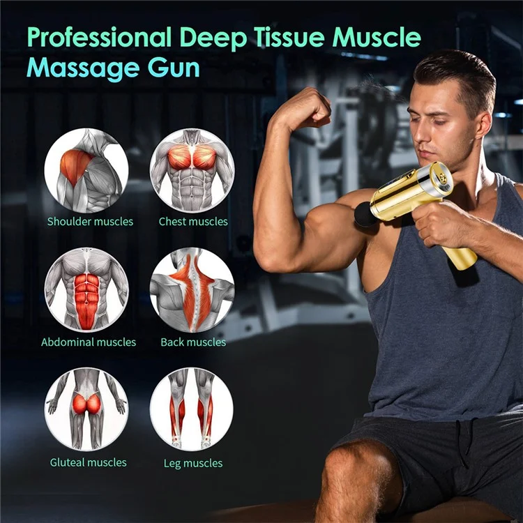 QY-007 Electroplated Style Rechargeable 20-Gear Whole Body Deep Tissue Muscle Relaxation Massager Pain Relieve Fascia Massage Gun with 6 Massage Head - Silver/US Plug