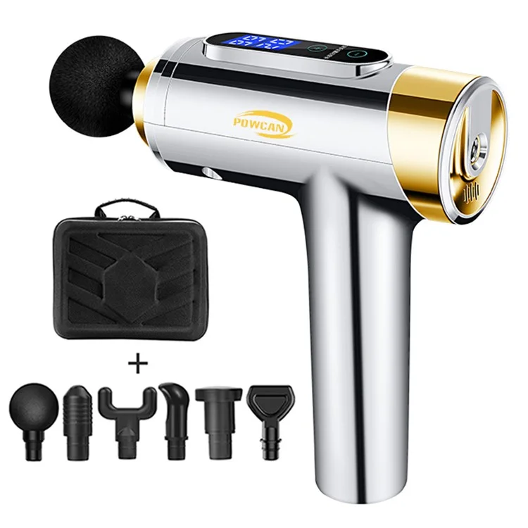 QY-007 Electroplated Style Rechargeable 20-Gear Whole Body Deep Tissue Muscle Relaxation Massager Pain Relieve Fascia Massage Gun with 6 Massage Head - Silver/EU Plug