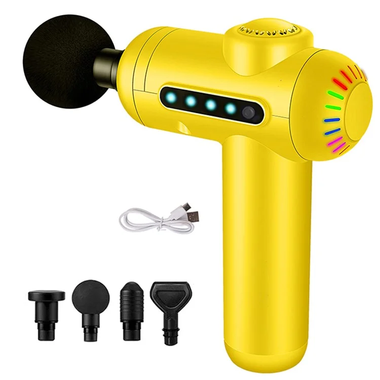 QY-M13 Mini Rechargeable 4-Gear Vibration Muscle Relaxation Massager Body Pain Relieve Cordless Deep Tissue Fascia Massage Gun with 4 Massage Head - Yellow