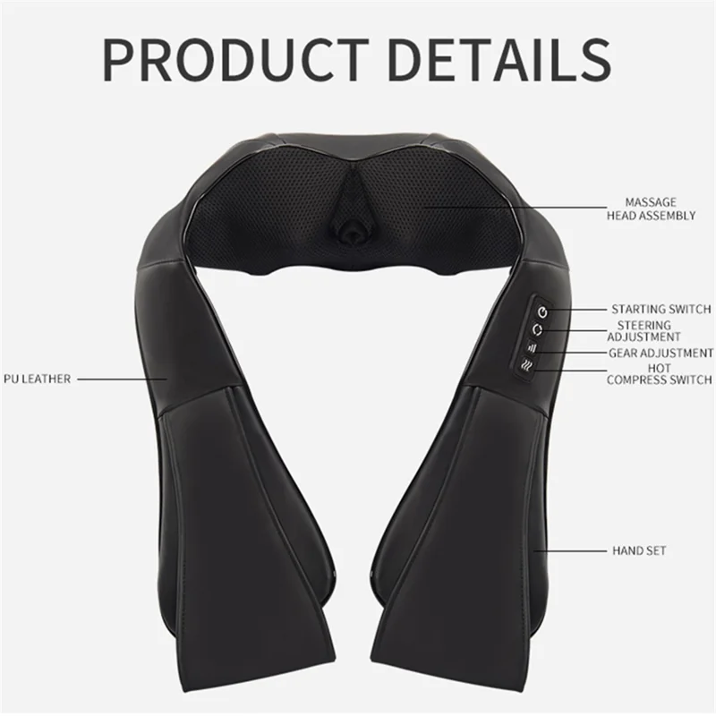 JH-R2 Heated Neck Pad Massager Kneading Back Massager Shiatsu Shoulder Massage for Home Office Car Use - Black / US Plug