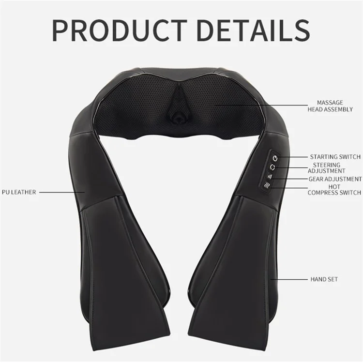 JH-R2 Heated Neck Pad Massager Kneading Back Massager Shiatsu Shoulder Massage for Home Office Car Use - Black / EU Plug