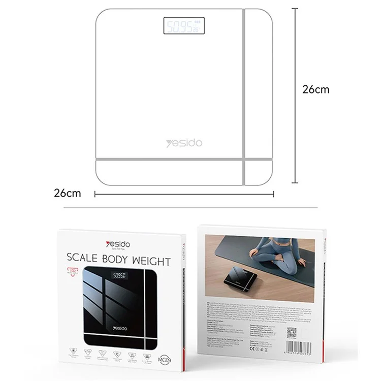 Balança digital YESIDO MG09 com display LED de vidro temperado de alta precisão para peso corporal