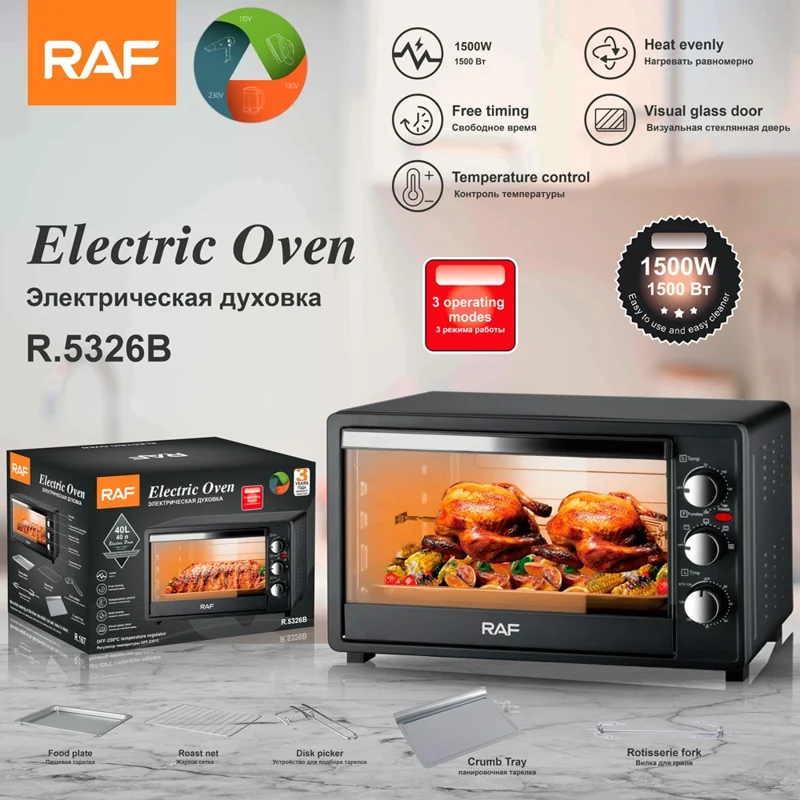 RAF R5326 40L Large Capacity 1500W Multifunction Smart Electric Oven for Home Baking Kitchen Appliance, EU Plug - Black