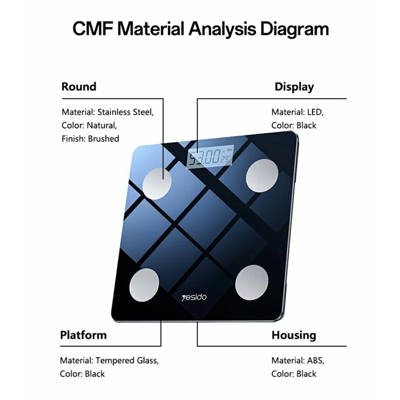 ميزان الجسم الذكي YESIDO MG42 المتوافق مع بلوتوث، ميزان رقمي عالي الدقة لقياس الوزن - أسود