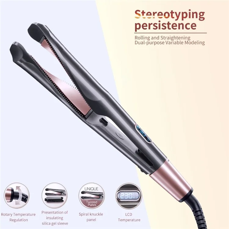 2-in-1 Hair Curler Straighter with Adjustable Temperature Ceramic Spiral Panel Hairstyling Tool - EU Plug