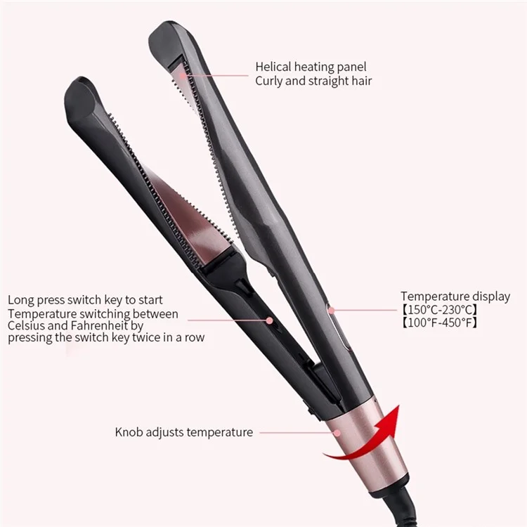 2-in-1 Hair Curler Straighter with Adjustable Temperature Ceramic Spiral Panel Hairstyling Tool - EU Plug