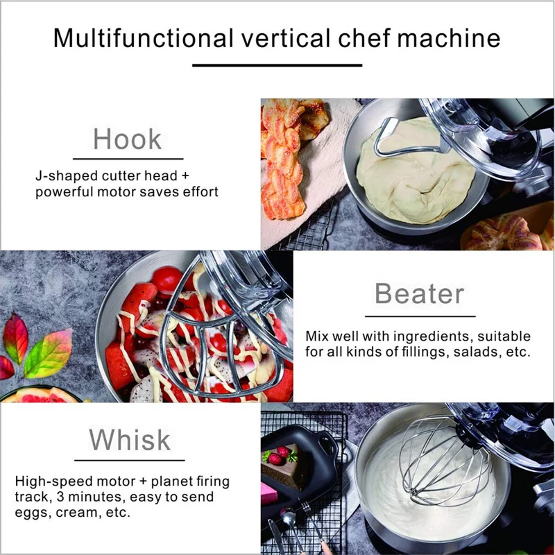 SC-236 5L Capacity 1000W Multipurpose Kitchen Stand Mixer for Kneading Dough Whisking Eggs (BPA Free, No FDA) - EU Plug / Black