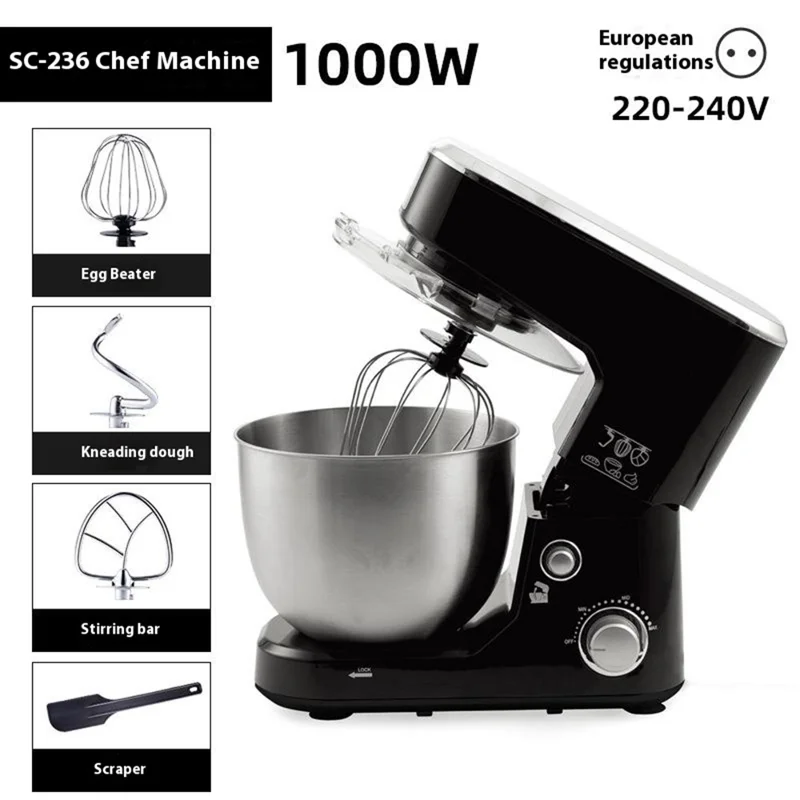 SC-236 5L Capacity 1000W Multipurpose Kitchen Stand Mixer for Kneading Dough Whisking Eggs (BPA Free, No FDA) - EU Plug / Black