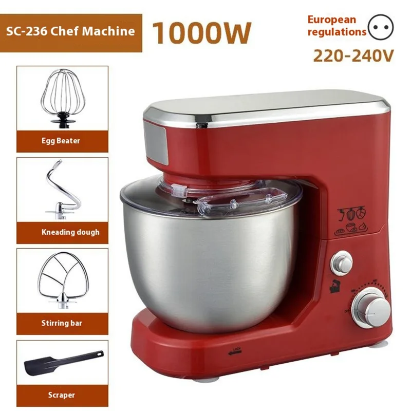 SC-236 5L 1000W Multipurpose Kitchen Stand Mixer for Kneading Dough Whisking Eggs (BPA Free, No FDA) - EU Plug / Red