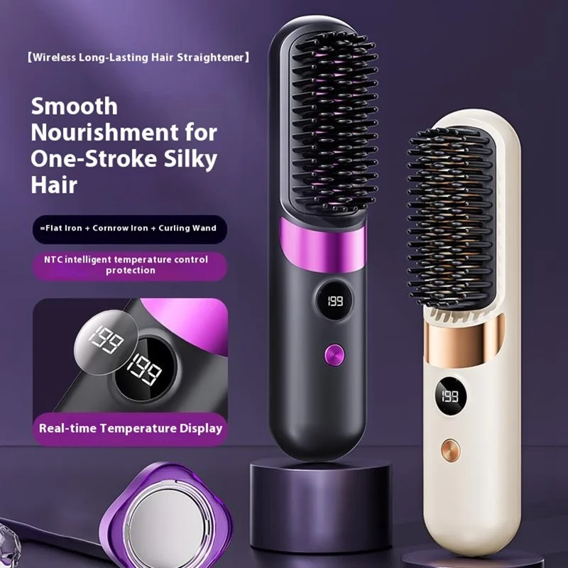 Brosse lissante portable 2 en 1 Lissage et frisage sans fil - Noir
