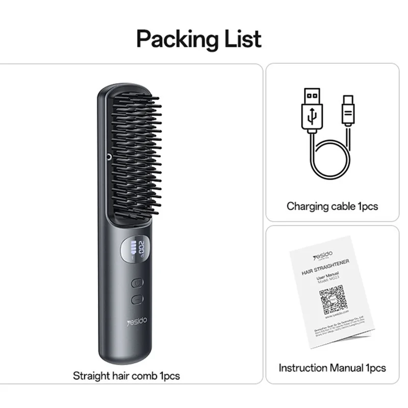 YESIDO MG23 Wireless Hair Straightener Brush  2 in 1 Straighten and Curl Styling Tool 3 Temp Settings Digital Display - Black