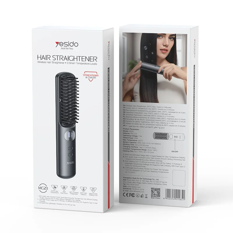 YESIDO MG23 Wireless Hair Straightener Brush  2 in 1 Straighten and Curl Styling Tool 3 Temp Settings Digital Display - Black