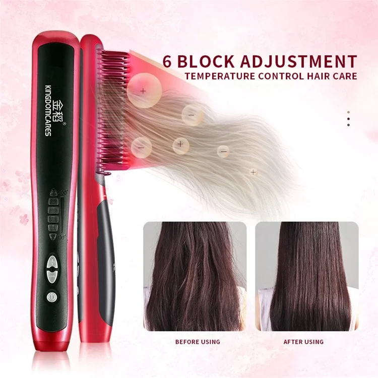 K.SKIN KD-388 Lisseur de Cheveux Peigne Styling 2-en-1 Brosse Chauffante et Boucleur avec 6 Températures - Rouge / Prise EU