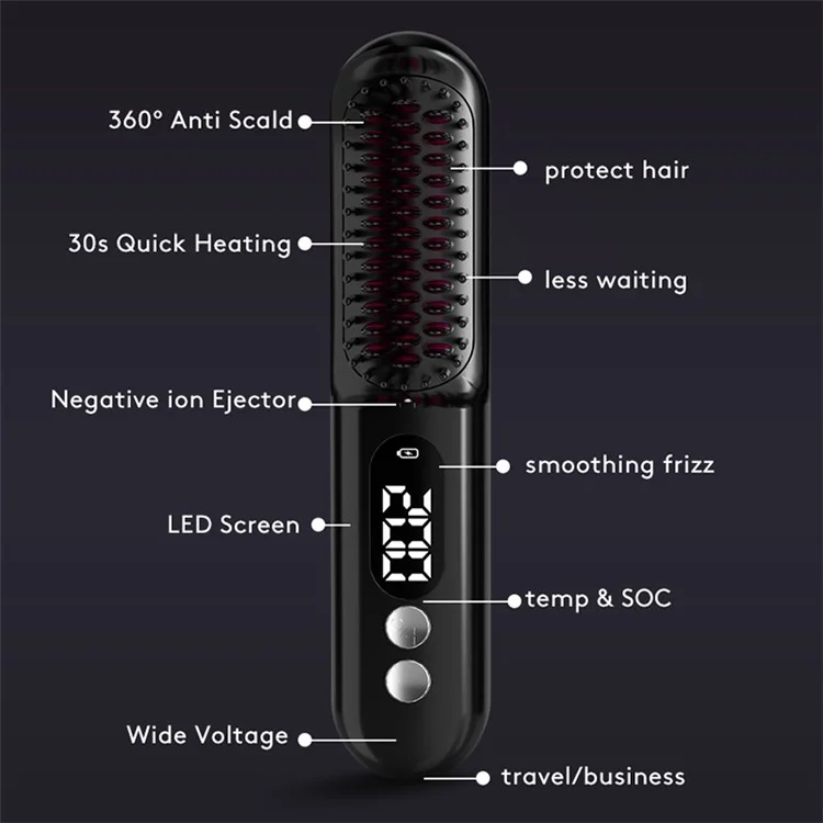 ZF01-A Alisador de Cabelo Portátil Recarregável Modelador de Cabelo Tipo Pente - Preto