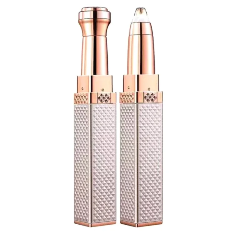 Trimmer Elettrico Multifunzione 2 in 1 per Sopracciglia e Rimozione Peli a Forma di Rossetto con Luce LED - Oro