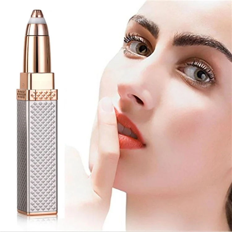 Trimmer Elettrico Multifunzione 2 in 1 per Sopracciglia e Rimozione Peli a Forma di Rossetto con Luce LED - Oro