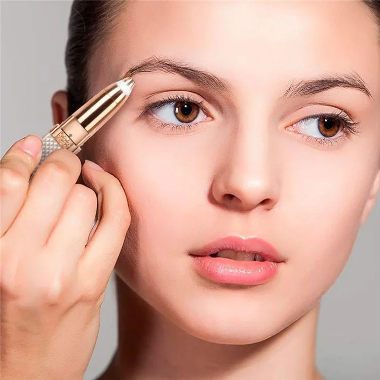 Trimmer Elettrico Multifunzione 2 in 1 per Sopracciglia e Rimozione Peli a Forma di Rossetto con Luce LED - Oro