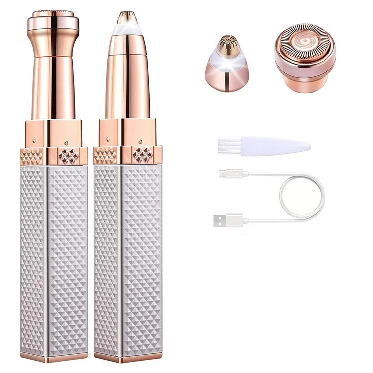 Trimmer Elettrico Multifunzione 2 in 1 per Sopracciglia e Rimozione Peli a Forma di Rossetto con Luce LED - Oro