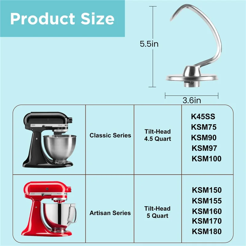 3Pcs / Set For Kitchenaid 5QT Tilt Head Stand Mixer Stainless Steel Dough Hook Flat Beater Wire Whip (BPA Free, No FDA)