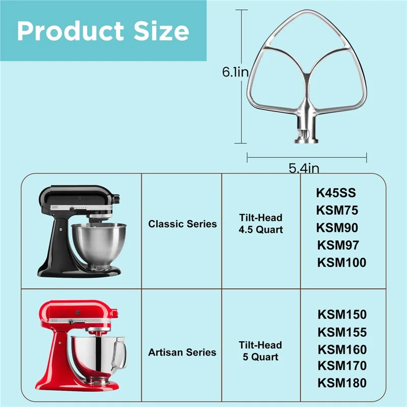 3Pcs / Set For Kitchenaid 5QT Tilt Head Stand Mixer Stainless Steel Dough Hook Flat Beater Wire Whip (BPA Free, No FDA)