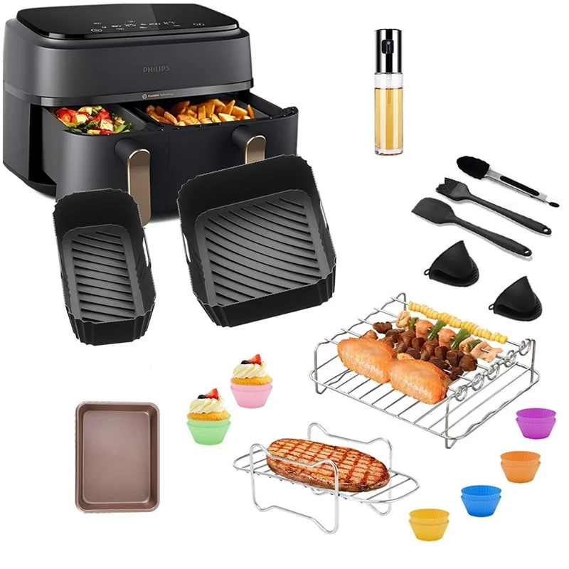 Kit de accesorios para Freidora de Aire Philips 3000 de 11 Piezas / Juego, Bandeja de Silicona, Rejilla, Botella de Aceite y Pinzas (Sin BPA, Certificado por la FDA)