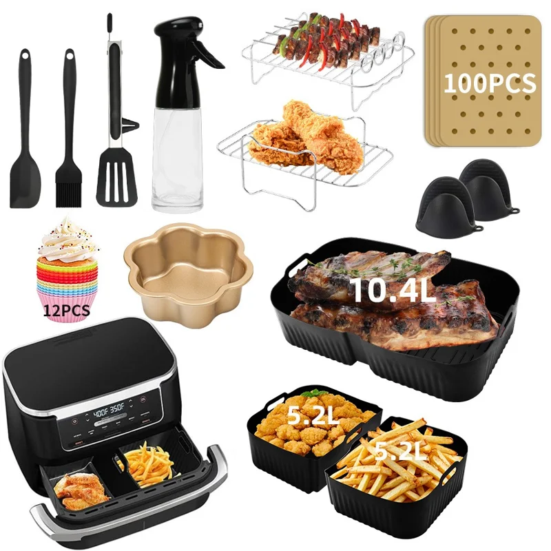 Für Ninja AF500 Heißluftfritteuse Silikonablage Grillrost Ölbehälter Pinsel Schaber Muffin Becher Ölabsorbierende Papier Zubehör-Set (BPA-frei, FDA-zertifiziert)
