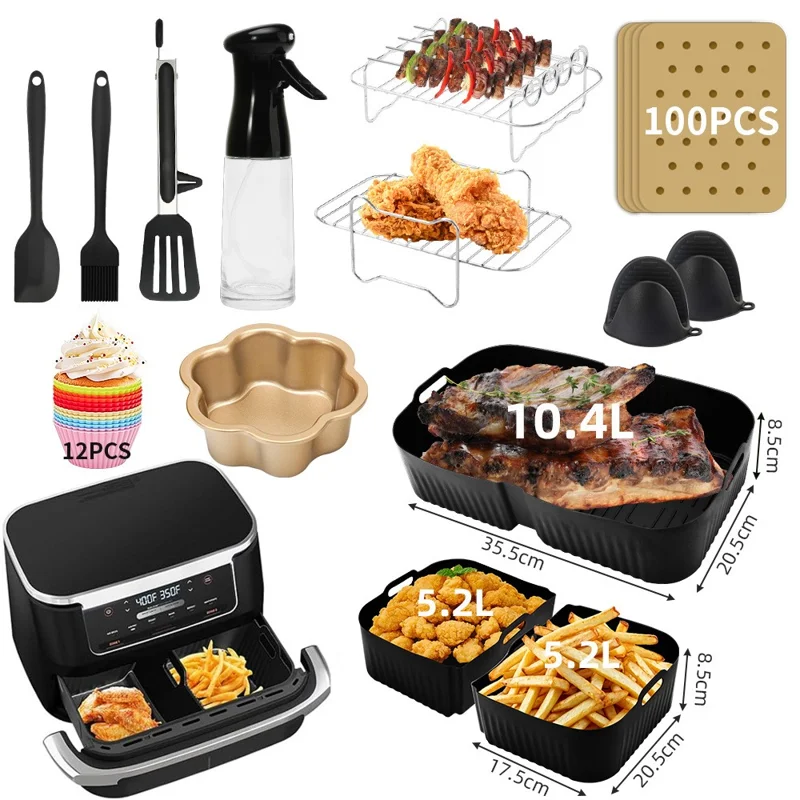 Für Ninja AF500 Heißluftfritteuse Silikonablage Grillrost Ölbehälter Pinsel Schaber Muffin Becher Ölabsorbierende Papier Zubehör-Set (BPA-frei, FDA-zertifiziert)