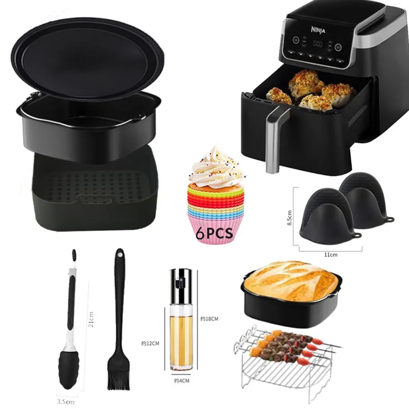 For Ninja AF180 Air Fryer 10Pcs / Set Accessories Cake Plate Silicone Tray Grill Rack Oil Bottle Cupcake Cup Kit (BPA Free, FDA Certified)
