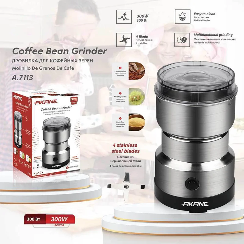 AKANE A.7113 300W Electric Coffee Bean Grinder 4-Blade Stainless Steel Multi-Purpose Dry Grinding Machine, EU Plug (BPA Free, No FDA)