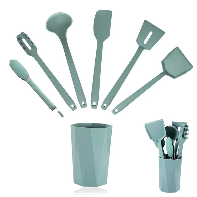 6pcs Ustensiles Ustensiles Silicone Spatula Ladle Kitful Tools Kit Avec Seau de Rangement (certificat Fda, BPA Gratuit) - Vert