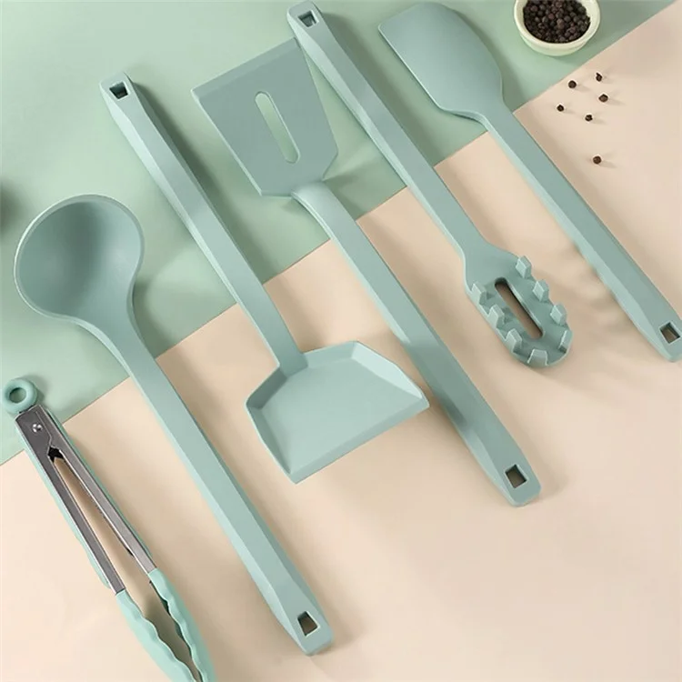 6pcs Ustensiles Ustensiles Silicone Spatula Ladle Kitful Tools Kit Avec Seau de Rangement (certificat Fda, BPA Gratuit) - Vert