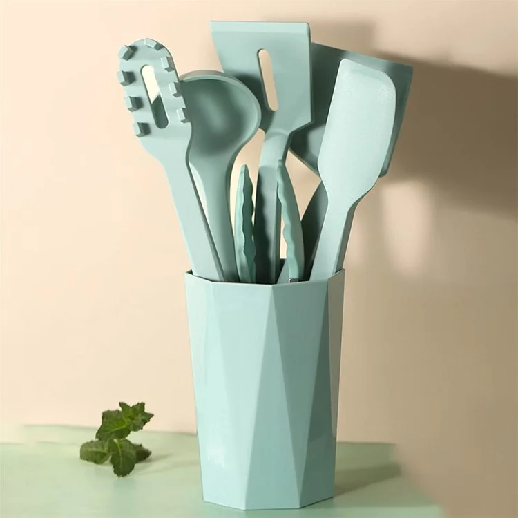 6pcs Ustensiles Ustensiles Silicone Spatula Ladle Kitful Tools Kit Avec Seau de Rangement (certificat Fda, BPA Gratuit) - Vert