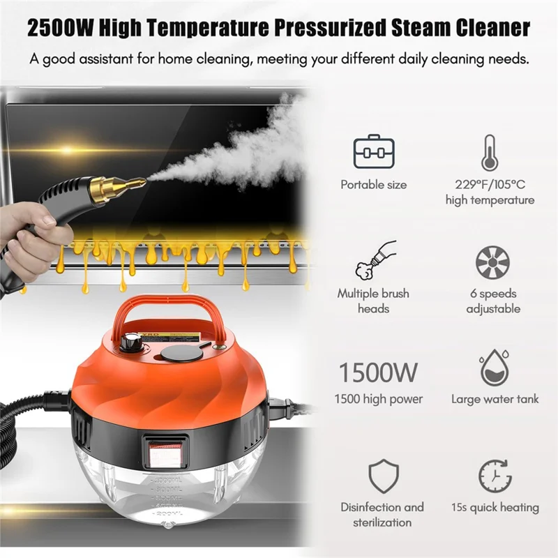 Limpiador de Vapor de Alta Presión para Cocina, Baño, Azulejos, Aire Acondicionado y Eliminación de Grasa, Máquina de Limpieza de Vapor, 220V Enchufe Europeo - Naranja / Negro