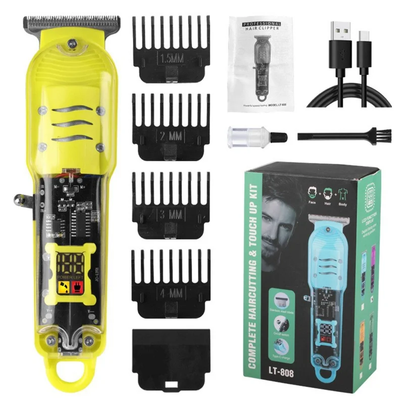 LT-808 Transparent Hair Clipper LCD Display Electric Trimmer with 4 Guide Combs for Barber Home - Yellow